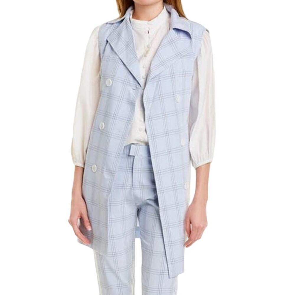Gracia Jacket double breasted sleeveless plaid blue Small S DEFECT